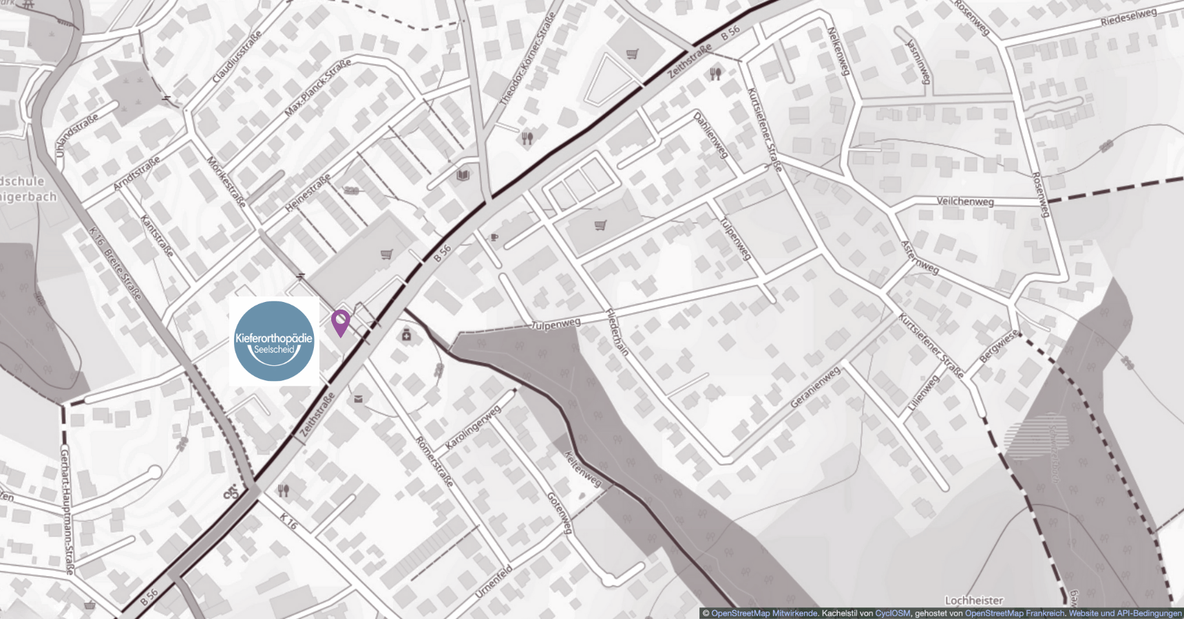Ausschnitt eines Stadtplans, der die Zeitstraße 42 zeigt. Die Adresse der Kieferorthopädie Seelscheid.