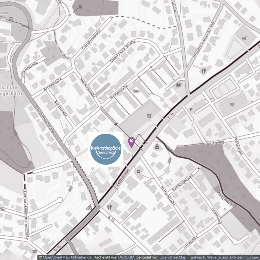 Ausschnitt eines Stadtplans, der die Zeitstraße 42 zeigt. Die Adresse der Kieferorthopädie Seelscheid.