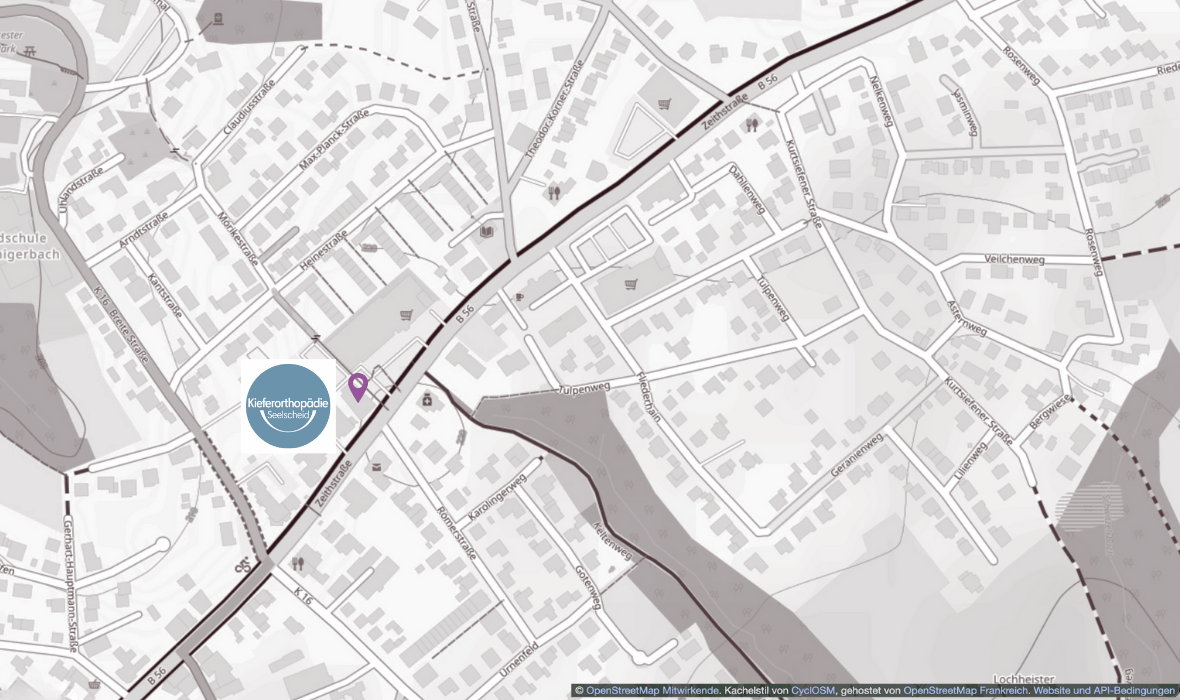 Ausschnitt eines Stadtplans, der die Zeitstraße 42 zeigt. Die Adresse der Kieferorthopädie Seelscheid.